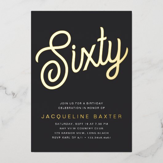Golden Script 60th Birthday Party Folie Uitnodiging (Voorkant)