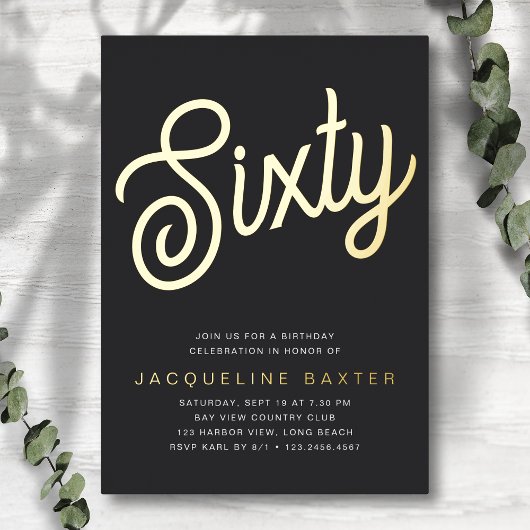 Golden Script 60th Birthday Party Folie Uitnodiging