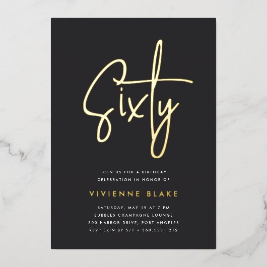 Golden Script 60th Birthday Party Folie Uitnodiging (Voorkant)