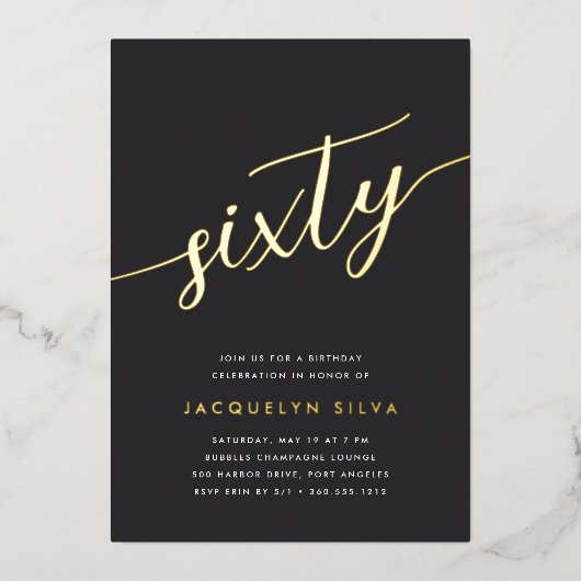 Golden Script 60th Birthday Party Folie Uitnodiging (Voorkant)