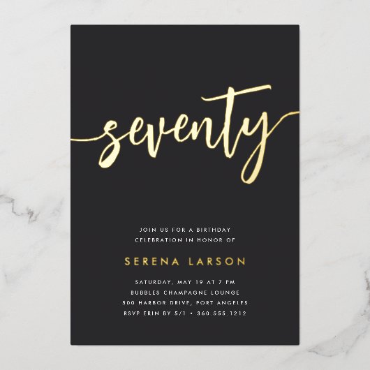 Golden Script 70th Birthday Party Folie Uitnodiging (Voorkant)