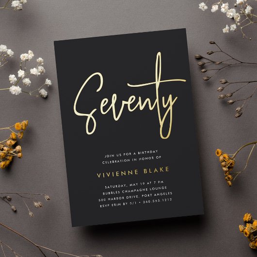 Golden Script 70th Birthday Party Folie Uitnodiging