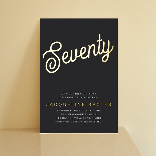 Golden Script 70th Birthday Party Folie Uitnodiging