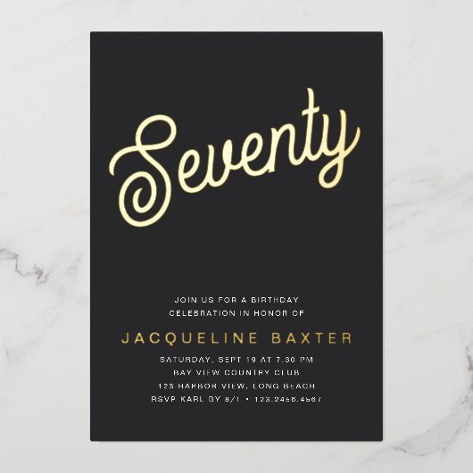 Golden Script 70th Birthday Party Folie Uitnodiging (Voorkant)