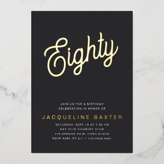 Golden Script 80th Birthday Party Folie Uitnodiging (Voorkant)