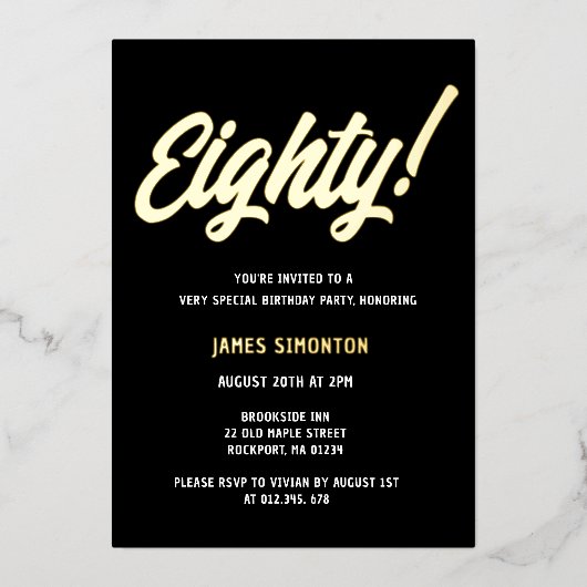  Golden Script 80th Birthday Party Folie Uitnodiging (Voorkant)