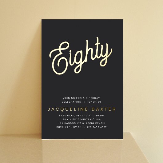 Golden Script 80th Birthday Party Folie Uitnodiging