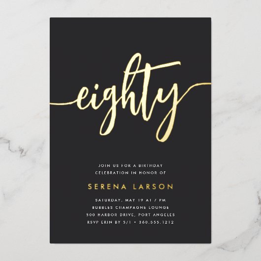 Golden Script 80th Birthday Party Folie Uitnodiging (Voorkant)