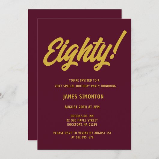  Golden Script 80th Birthday Party Kaart (Voorkant / Achterkant)
