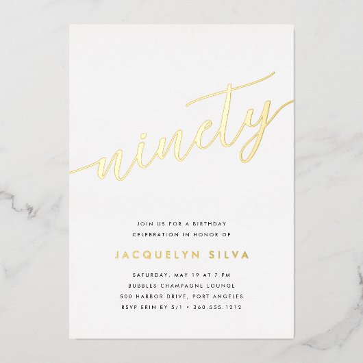 Golden Script 90th Birthday Party Folie Uitnodiging (Voorkant)