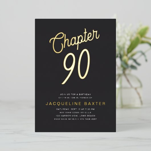 Golden Script Chapter 90 90th Birthday Party Folie Uitnodiging (Staand Voorkant)
