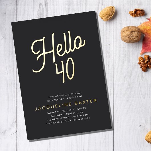Golden Script Hallo 40 40e Verjaardagsfeestje Folie Uitnodiging