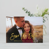Golden Script | Moderne foto Elegant Save the Date Folie Uitnodiging (Staand Voorkant)