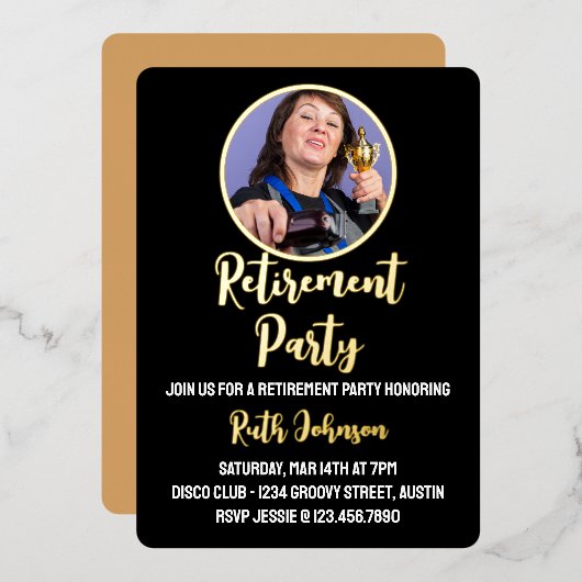 Golden Script Pensioen Party Foto Folie Uitnodiging (Voorkant / Achterkant)