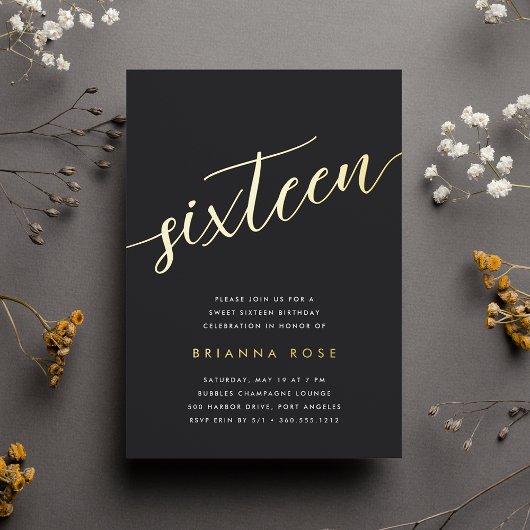 Golden Script Sweet 16 Birthday Party Folie Uitnodiging