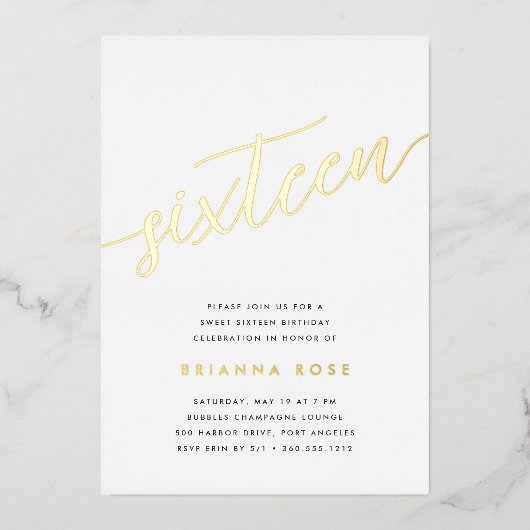 Golden Script Sweet 16 Birthday Party Folie Uitnodiging (Voorkant)