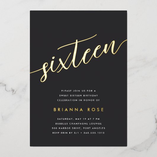 Golden Script Sweet 16 Birthday Party Folie Uitnodiging (Voorkant)