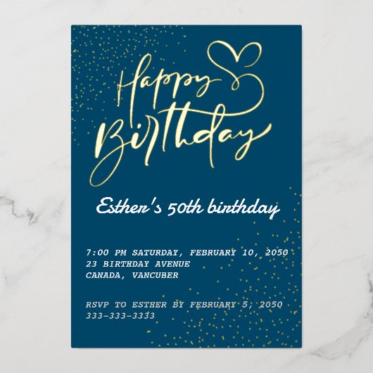 Golden Script Verjaardagsfeest Folie Uitnodiging (Voorkant)