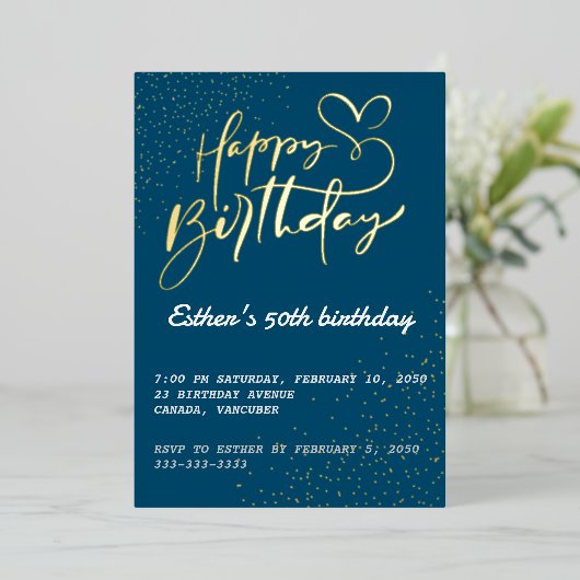 Golden Script Verjaardagsfeest Folie Uitnodiging (Staand Voorkant)