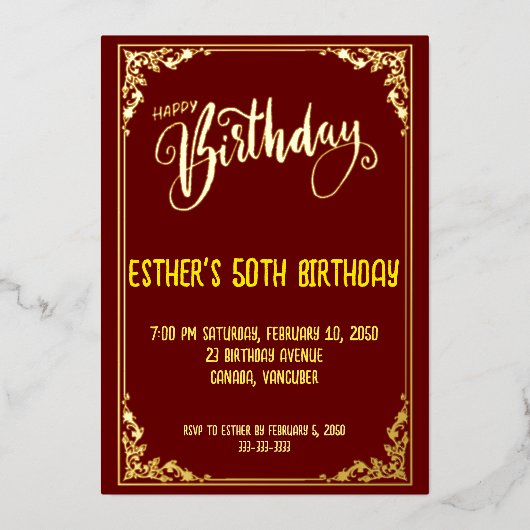 Golden Script Verjaardagsfeest Folie Uitnodiging (Voorkant)