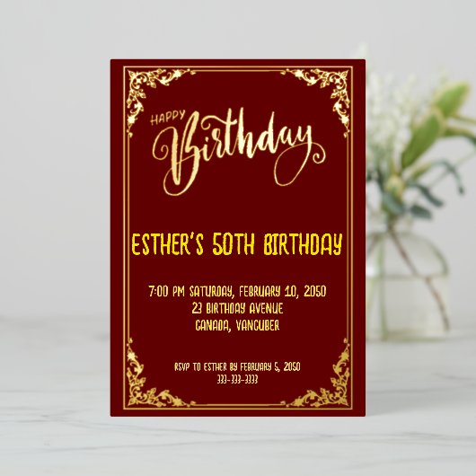 Golden Script Verjaardagsfeest Folie Uitnodiging (Staand Voorkant)