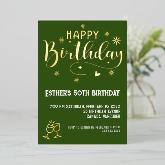 Golden Script Verjaardagsfeest Folie Uitnodiging (Staand Voorkant)