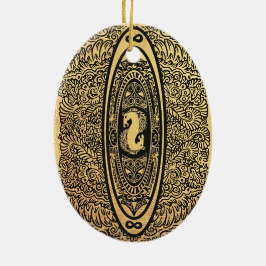 Golden Seahorse Mandala – Infinity Design Keramisch Ornament (Achterkant)