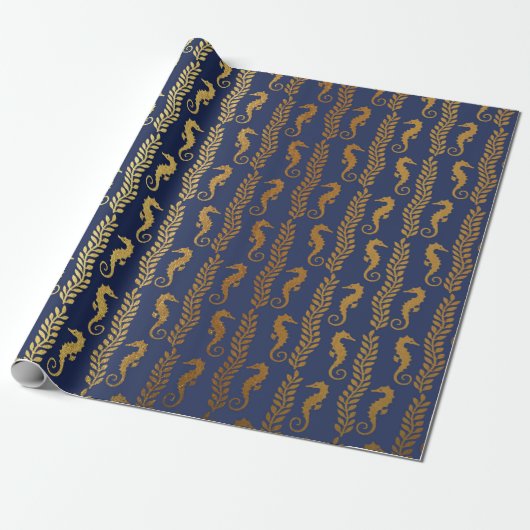 Golden Seahorse Ocean Algen Blauw Marine VIP Yacht Cadeaupapier (Uitgerold)