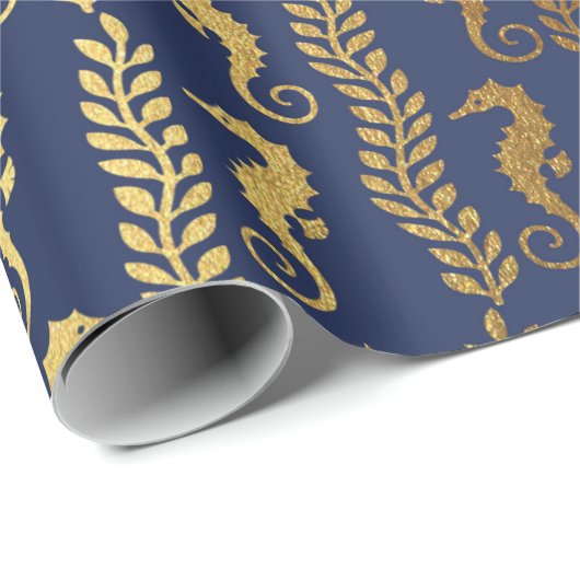 Golden Seahorse Ocean Algen Blauw Marine VIP Yacht Cadeaupapier (Rol Hoek)