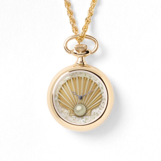 Golden Seashell en Pearl Bokeh Bling Horloge (Voorkant)