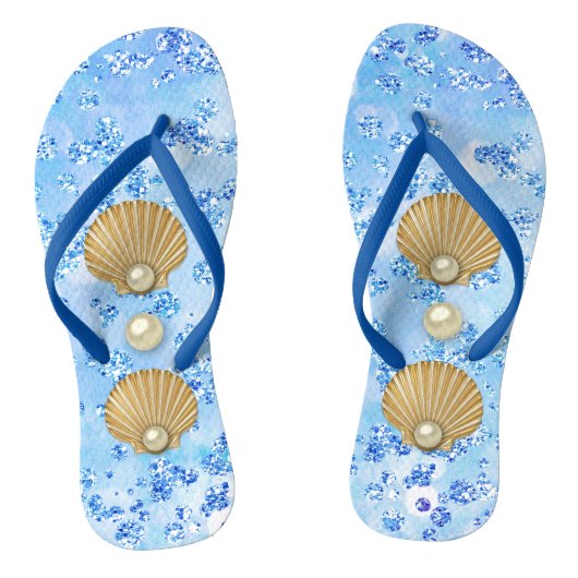 Golden Seashells & Pearls Blue Bokeh Bling Teenslippers (Voetbed)