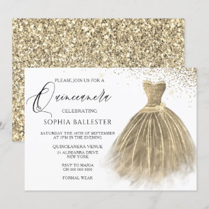 Golden Sepia Gold Glitter Gown Quinceanera Kaart