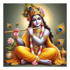  Golden Serene Krishna fluitkunst Foto Afdruk