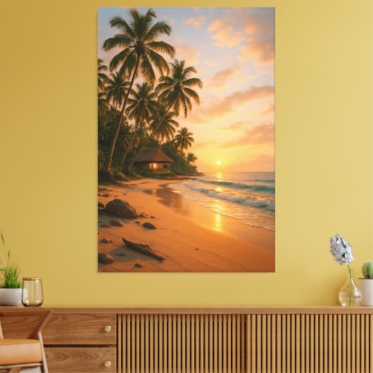 Golden Serenity - Tropisch strand zonsondergang Canvas Afdruk (Insitu (Woonkamer))