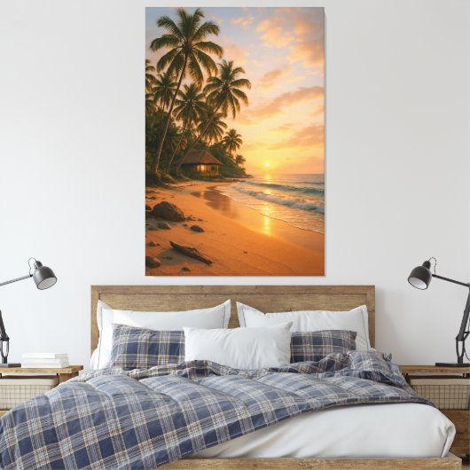 Golden Serenity - Tropisch strand zonsondergang Canvas Afdruk (Insitu (Slaapkamer))