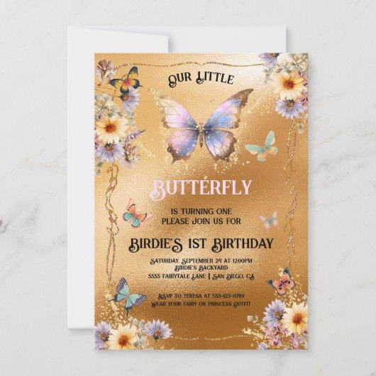 Golden Shimmer Butterfly Verjaardag uitnodiging (Voorkant)