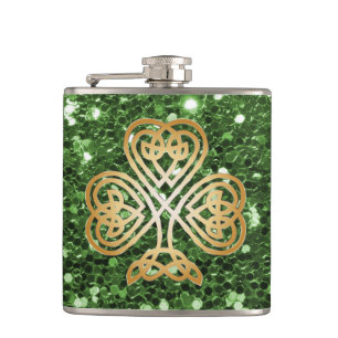 Golden Shining Celtic Shamrock Green Faux Glitter Heupfles