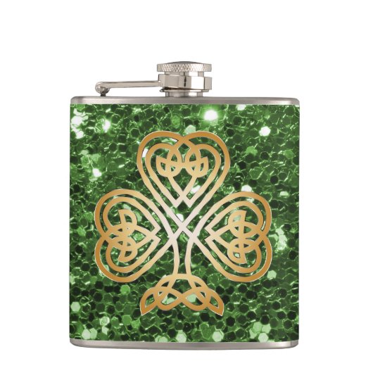 Golden Shining Celtic Shamrock Green Faux Glitter Heupfles (Voorkant)