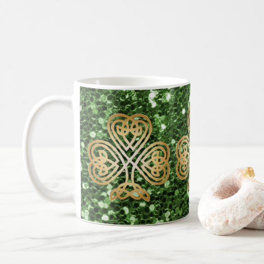 Golden Shining Celtic Shamrock Green Faux Glitter Koffiemok (Met donut)