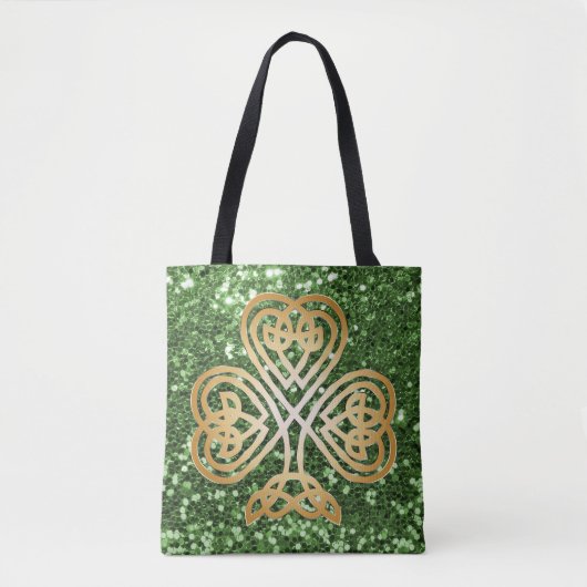 Golden Shining Celtic Shamrock Green Faux Glitter Tote Bag (Voorkant)