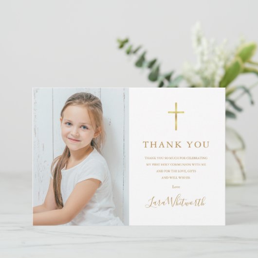 Golden Signature Foto First Heilige Communie Bedankkaart (Staand voorkant)
