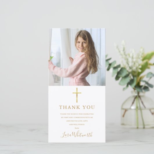 Golden Signature Foto First Heilige Communie Bedankkaart (Staand voorkant)