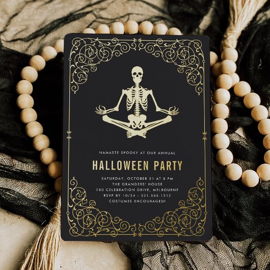 Golden Skeleton Halloween Party Folie Uitnodiging
