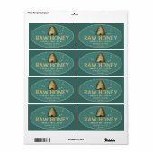 Golden Skep met Honeybees Raw Honey Label Blauwgro (Full Sheet)