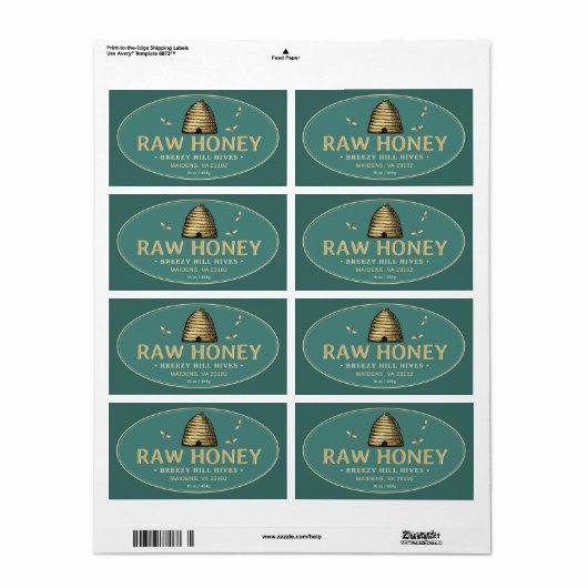 Golden Skep met Honeybees Raw Honey Label Blauwgro (Full Sheet)