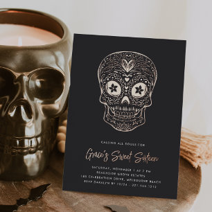 Golden Skull Dia de los Muertos Sweet Sixteen Folie Uitnodiging