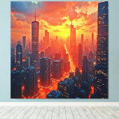 Golden Skyline: Radiant City Sunset Art Canvas Afdruk (Insitu (Houten vloer))