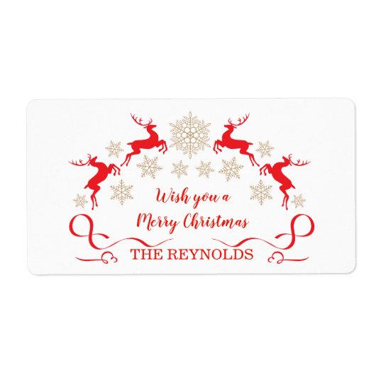 Golden sneeuwvlokken en rendierkerst etiket (Voorkant)