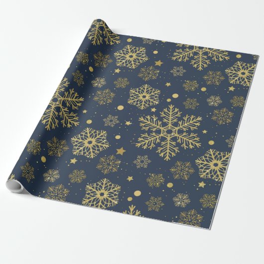 Golden sneeuwvlokken op marinepapier cadeaupapier (Uitgerold)
