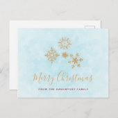 Golden Snowflake Crystals op Frosty Blue Back Briefkaart (Voorkant / Achterkant)
